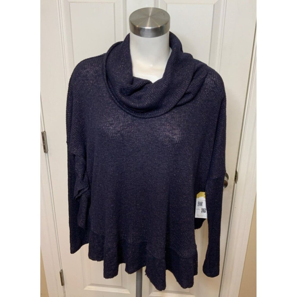 Postmark Anthropologie Shimmering Blue Thin Rib Cowl Neck Top, Size XS/S